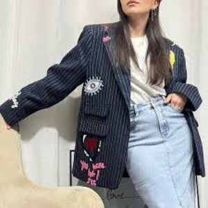 Cache Navy‎ and White Striped Fabric Blazer